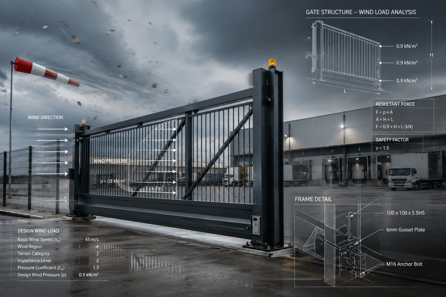 Learn how commercial sliding gate wind load calculations affect safety, compliance, motor performance, and structural integrity in commercial gate projects.