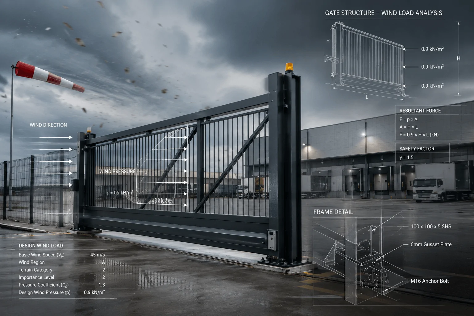 Learn how commercial sliding gate wind load calculations affect safety, compliance, motor performance, and structural integrity in commercial gate projects.