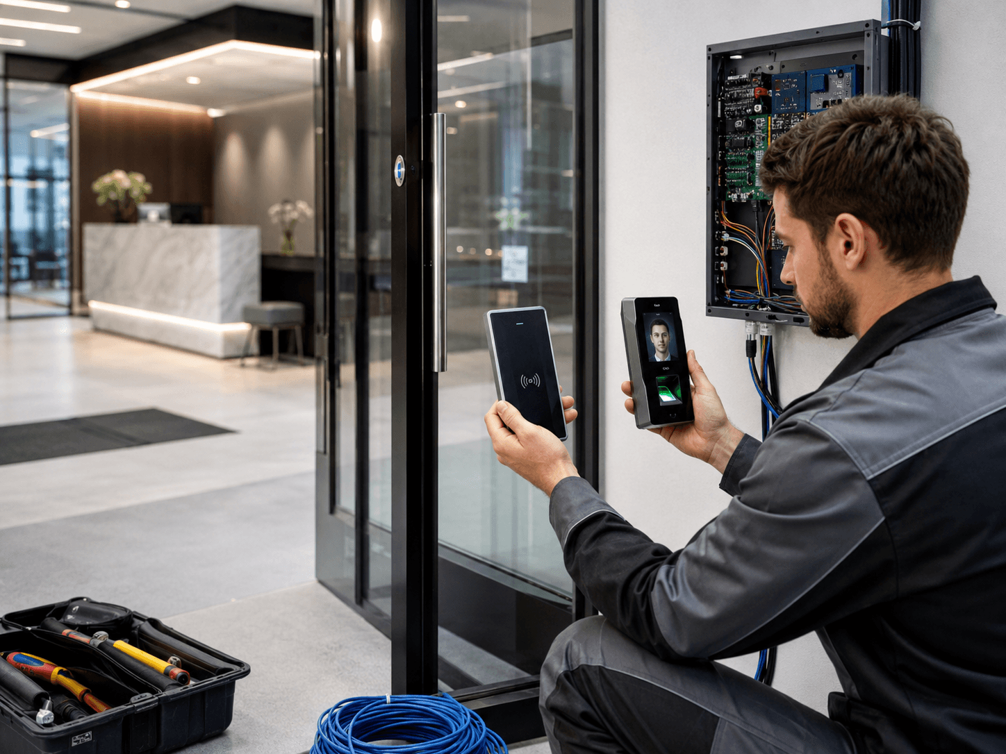 Compare commercial RFID card readers and biometric readers from an installer’s view: consider their mounting, cabling, commissioning, support and site fit.