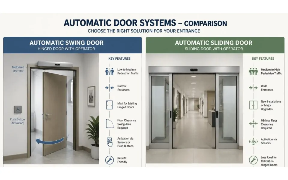 Automatic sliding doors and automatic swing doors offer different advantages depending on available space, pedestrian traffic, installation conditions and building requirements.