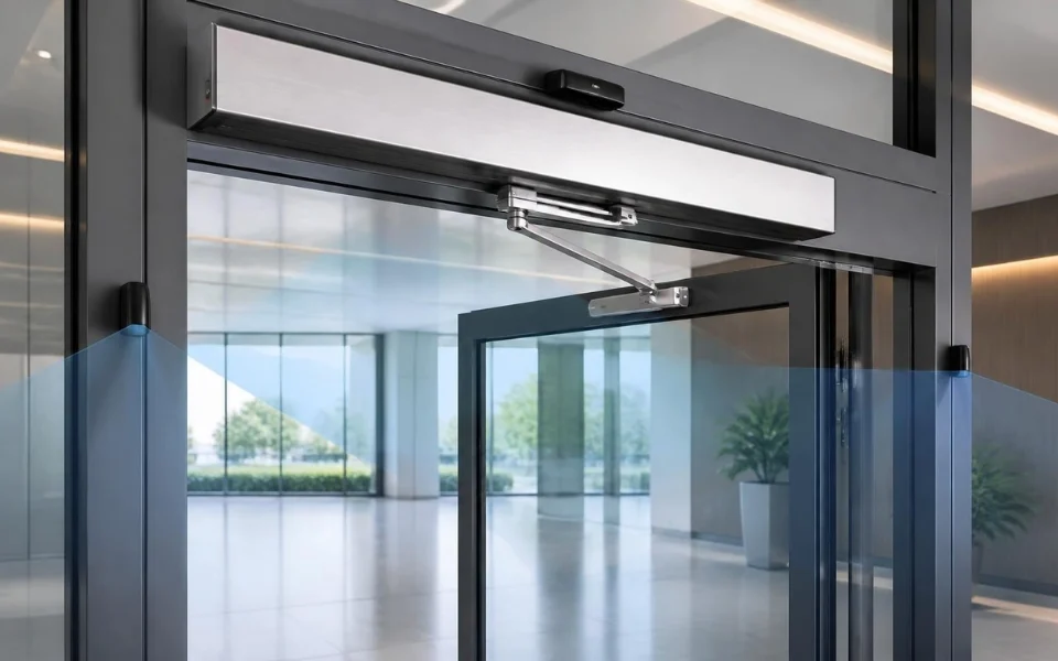 Incorrect sensor positioning, masking and calibration can affect the performance of an automatic swing door opener with sensor, causing false activation, missed detection or unexpected reversal — (AI-generated image; content provided by Digital Home Systems)