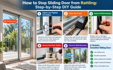 Discover how to stop sliding door from rattling and reduce unwanted vibration with simple checks for rollers, tracks, seals, floor guides and wind movement — (AI-generated image; content provided by Digital Home Systems)
